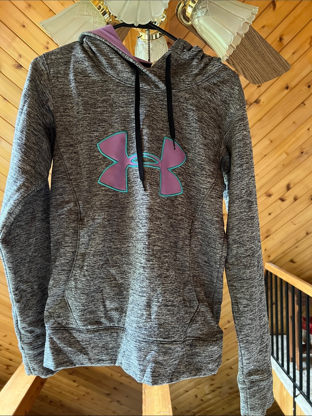 Under Armour Gray Marled Hoodie with Pink Logo and Teal Outline
